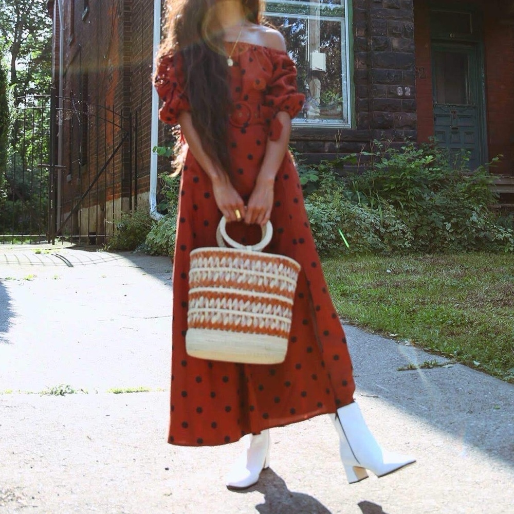 Lucienne off the shoulder polka dot dress w/ belt by Anthropologie / Maeve